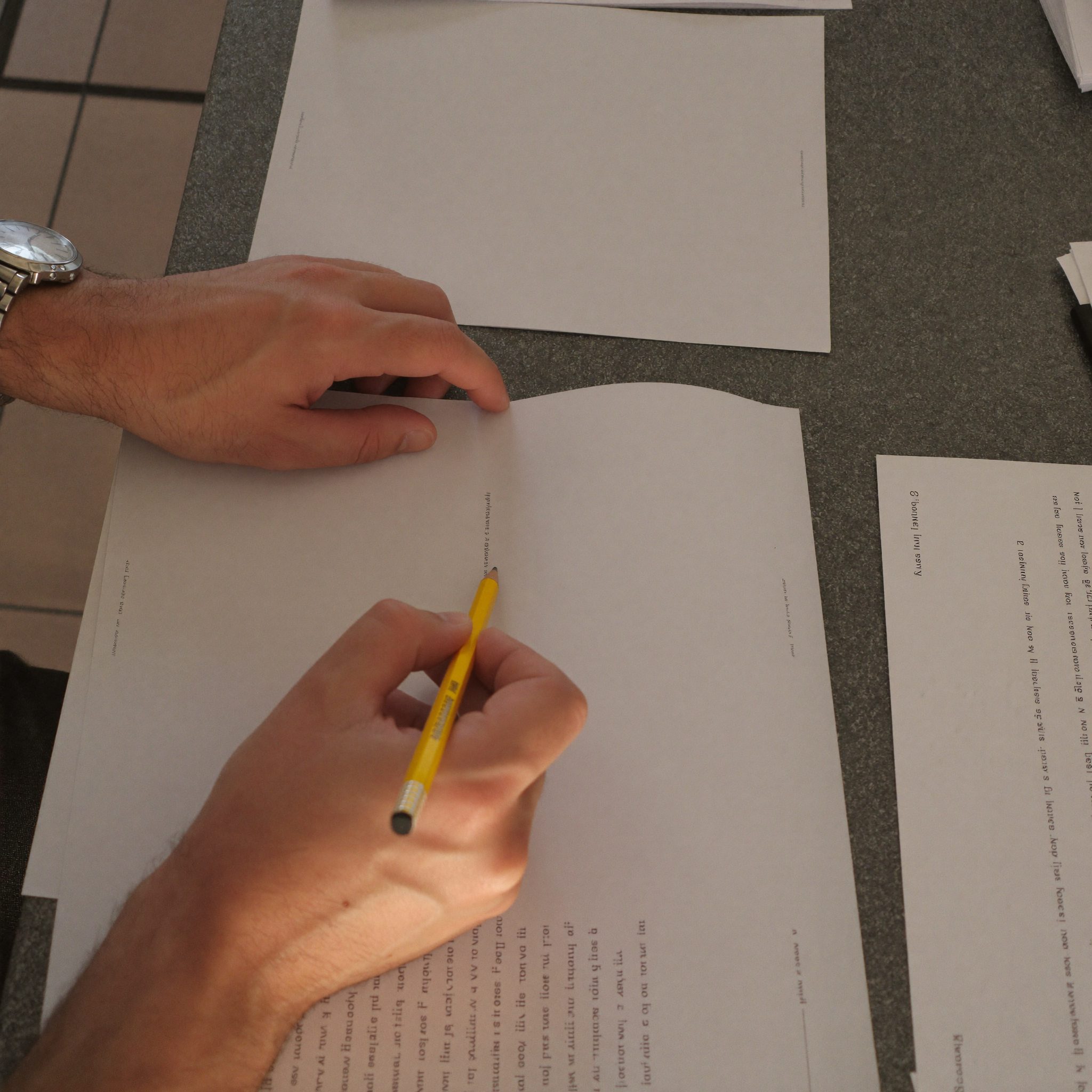 An editor proofreading printed pages at a desk