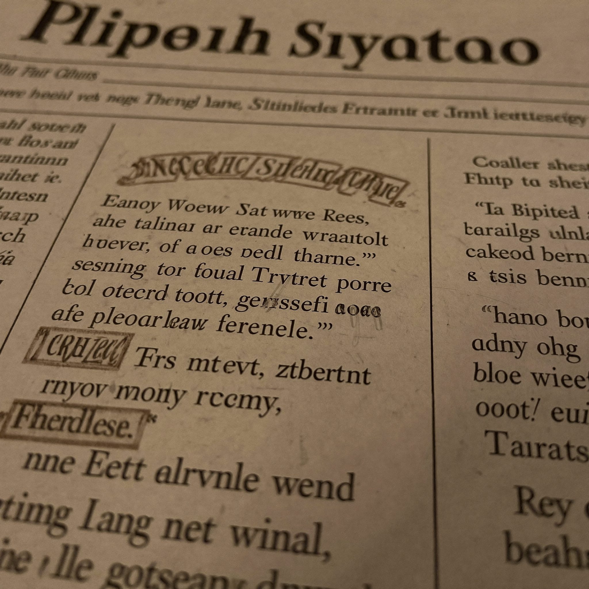 Printed news clippings annotated by hand on a desk